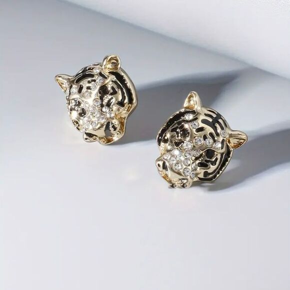 18K Gold Plated Lion Rhinestone Stud Earrings - Picture 6 of 7